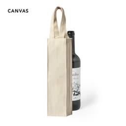 A beige tote bag designed to hold a wine bottle, featuring two handles and a simple design.