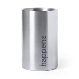 A drink bottle cooler in stainless steel featuring a logo, designed to keep beverages chilled.