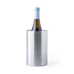 A drink bottle cooler in sleek silver, featuring a striped blue and white collar around the neck of the bottle.