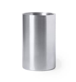 A drink bottle cooler in sleek silver metal design, featuring a smooth finish and cylindrical shape, with a logo.