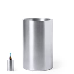 A drink bottle cooler in silver metal finish, featuring a sleek, cylindrical design, with a smaller bottle for scale.