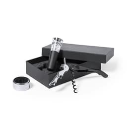 A wine set in a black box, featuring a corkscrew, aerator, and stopper. The items have a sleek black finish.