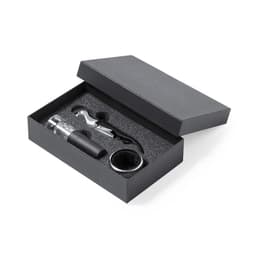 A wine set in a black box featuring a corkscrew, pourer, and stopper, all nestled in soft padding.
