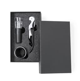 A wine set in a black box, featuring a corkscrew, pourer, and a wine ring. The items are arranged neatly within.