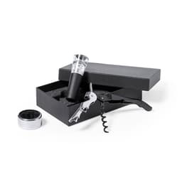 A wine accessory set featuring a silver corkscrew, a glass pourer, and a black box with foam insert. The box has a logo.