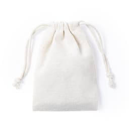 A drawstring bag in a natural white colour, made from a textured fabric. It features a secure closure at the top.