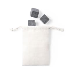 A canvas pouch with three grey stone ice cubes partially spilling out.