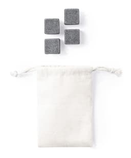 A set of four grey stone ice cubes and a small white pouch for storage.