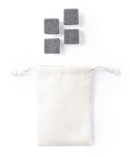 A cotton bag with four grey stone ice cubes beside it, designed for chilling beverages.