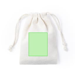 A white drawstring bag made of fabric, featuring a blank green square on the front.
