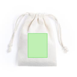 A cream drawstring pouch featuring a blank square for customisation. The bag is made from a sturdy fabric.