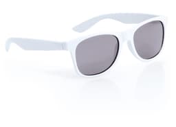 A pair of white sunglasses with grey lenses, featuring a modern design and smooth finish.