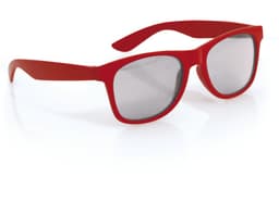 Red sunglasses with grey lenses, featuring a logo on the side, designed for kids' leisure and outdoor activities.
