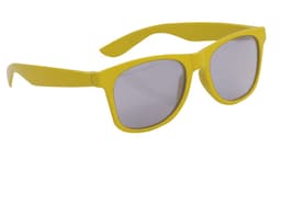 Yellow sunglasses with grey lenses and a logo on the side, designed for kids.