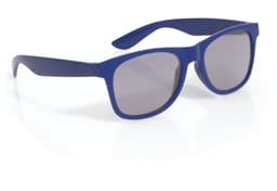 Blue sunglasses with a sleek design and grey lenses, featuring a brand logo on the side.