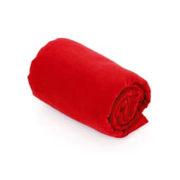 A rolled red towel with a soft texture, featuring a logo on the side.