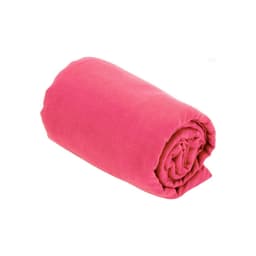 A rolled pink absorbent towel featuring a soft texture, suitable for personal use. Includes a branding logo.