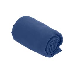 A rolled blue towel with a soft texture, suitable for bath or personal use. It features a logo.