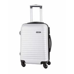 A wheeled bag in silver with a textured surface and retractable handle, featuring black accents.