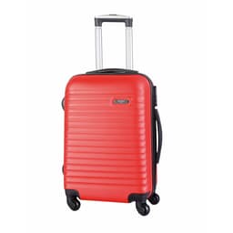 A red wheeled bag with a textured design and a retractable handle. It features four wheels for easy mobility.