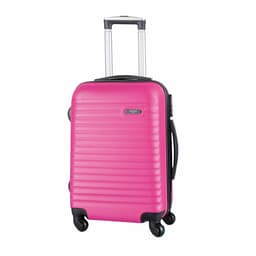 A bright pink wheeled bag with a textured surface, featuring a retractable handle and four wheels. It has a logo.