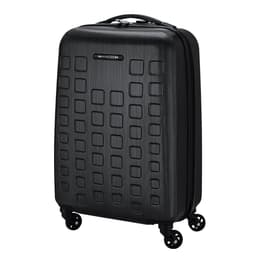 A wheeled black trolley bag with a textured surface and a logo on the front. It has four wheels for easy movement.