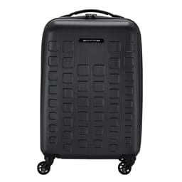 A black wheeled trolley bag with a textured surface and four wheels for easy mobility. It features a handle and a logo.