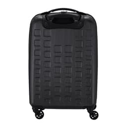 A black wheeled bag with a textured surface and four wheels for easy manoeuvrability. It features a handle and branding.