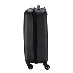 A black wheeled bag with a hard exterior and four wheels for easy manoeuvring. It features a zipper closure and a handle.
