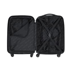 An open black wheeled bag featuring multiple compartments and cross straps for organisation. It has a logo inside.