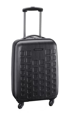 A black wheeled bag with a textured design and retractable handle, featuring four wheels for easy mobility.