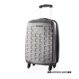 A wheeled bag in metallic grey with a textured surface and a retractable handle. It features a branding logo.
