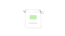 A pouch in white with a drawstring closure and a green dotted outline, featuring a logo at the bottom.