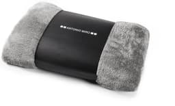 A grey plush blanket with a smooth black band featuring a logo. Soft and cozy design for comfortable living.