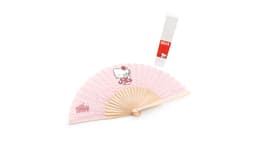 A pink and white hand fan featuring a Hello Kitty design with a wooden frame and matching storage sleeve.