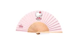 A hand fan with a red and white polka dot pattern featuring a character, with wooden ribs and handle.