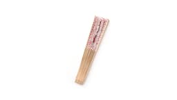 A red and white handheld fan with a wooden frame and intricate patterns, featuring a logo.