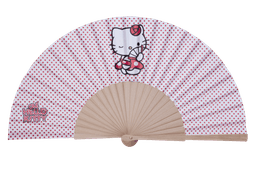 A pink hand fan featuring a Hello Kitty design with polka dots and a wooden handle.