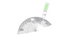 A decorative hand fan with a floral design, featuring a green accent and a branding logo.