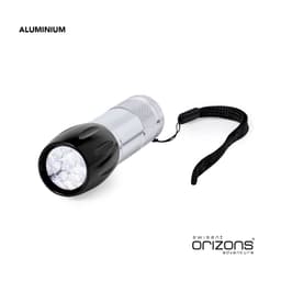 A compact aluminium torch featuring a silver body and black end, complete with a wrist strap.