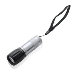 A silver and black torch with a lanyard for easy carrying. It features a textured grip and a branding logo.