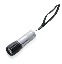 A compact silver and black torch with a wrist strap, featuring a textured grip and a branding logo.