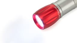A red and silver torch with a bright LED light at the front. The product features a branding logo.