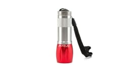 A silver and red torch with a textured grip and a lanyard attachment. It features a branding logo on the surface.