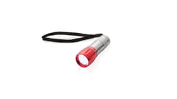 A red and silver torch with a lanyard. The torch features a metallic body and a bright LED light.