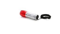A silver and red torch with a textured grip and a wrist strap, featuring a logo.