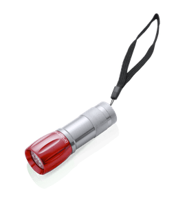 A compact torch in silver and red, featuring a wrist strap and a branding logo on the body.