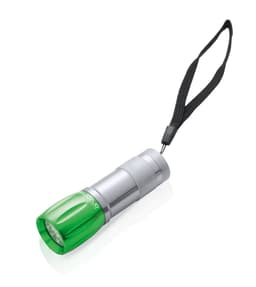 A green and silver Lumosh Torch with a wrist strap, featuring a compact design and LED lights.