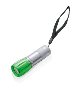A green and silver torch featuring a wrist strap, designed for easy portability. It includes a branding logo.