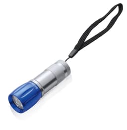 A blue and silver keyring torch with a wrist strap, featuring a textured grip.